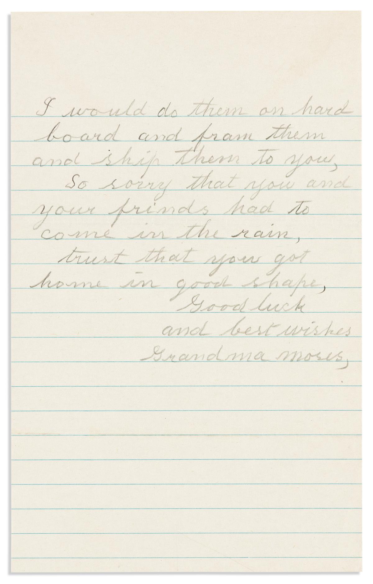 MOSES, GRANDMA. Autograph Letter Signed, to her dealer Louis J. Caldor (Dear Mr. Caldor), in pencil,
